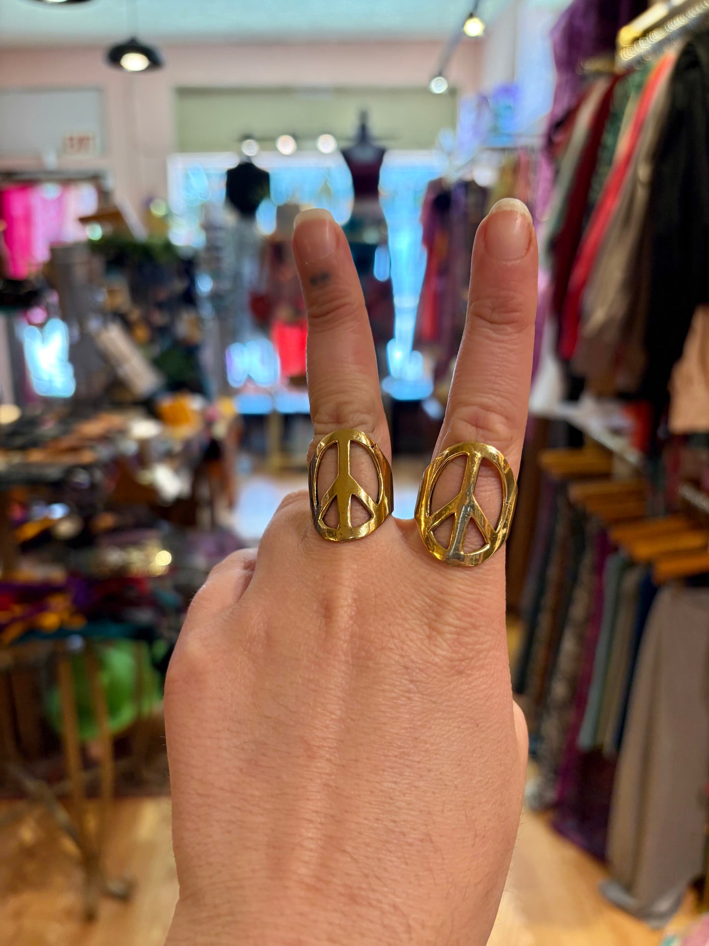Adjustable Brass Large Peace Sign Ring
