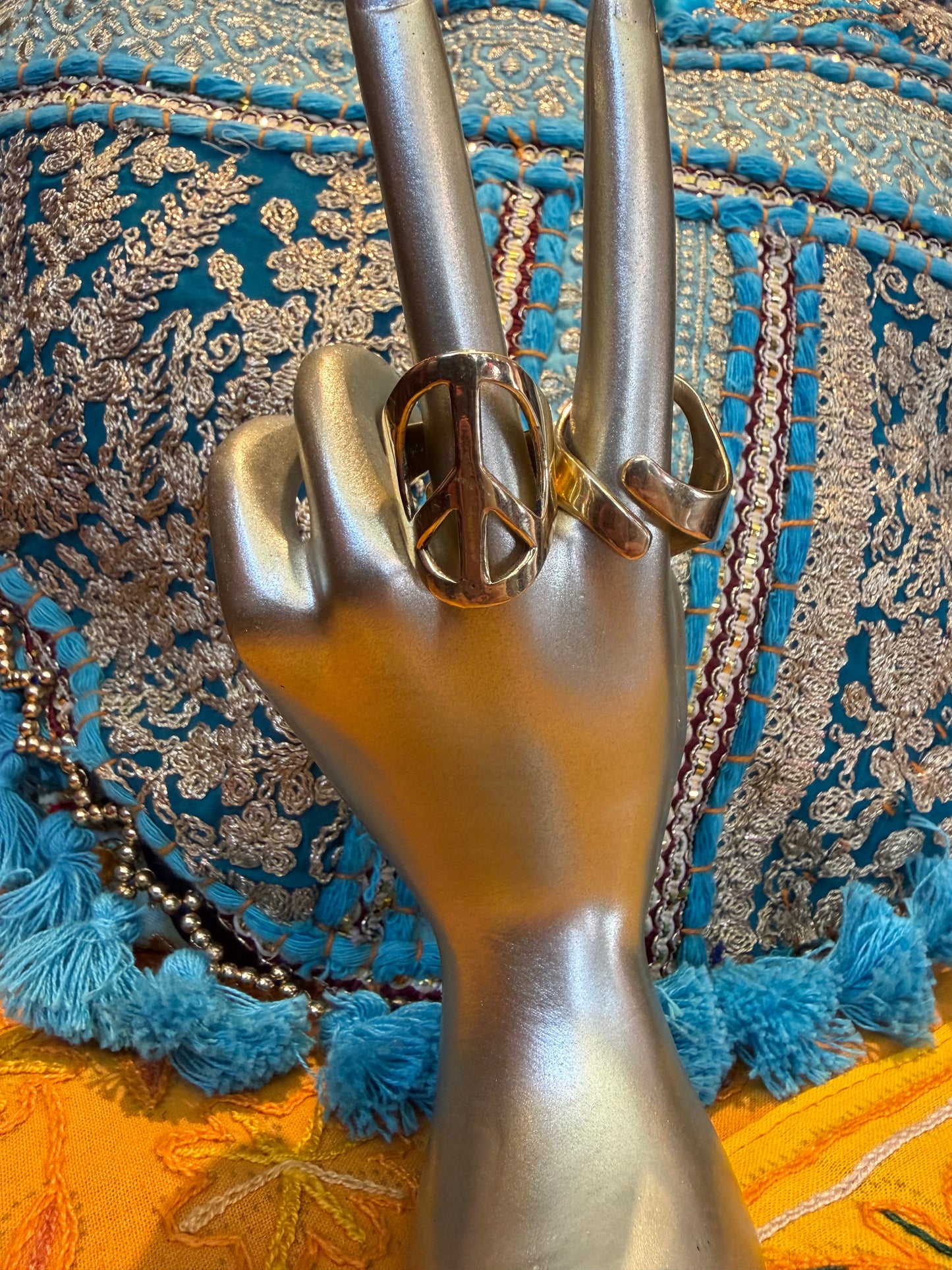 Adjustable Brass Large Peace Sign Ring